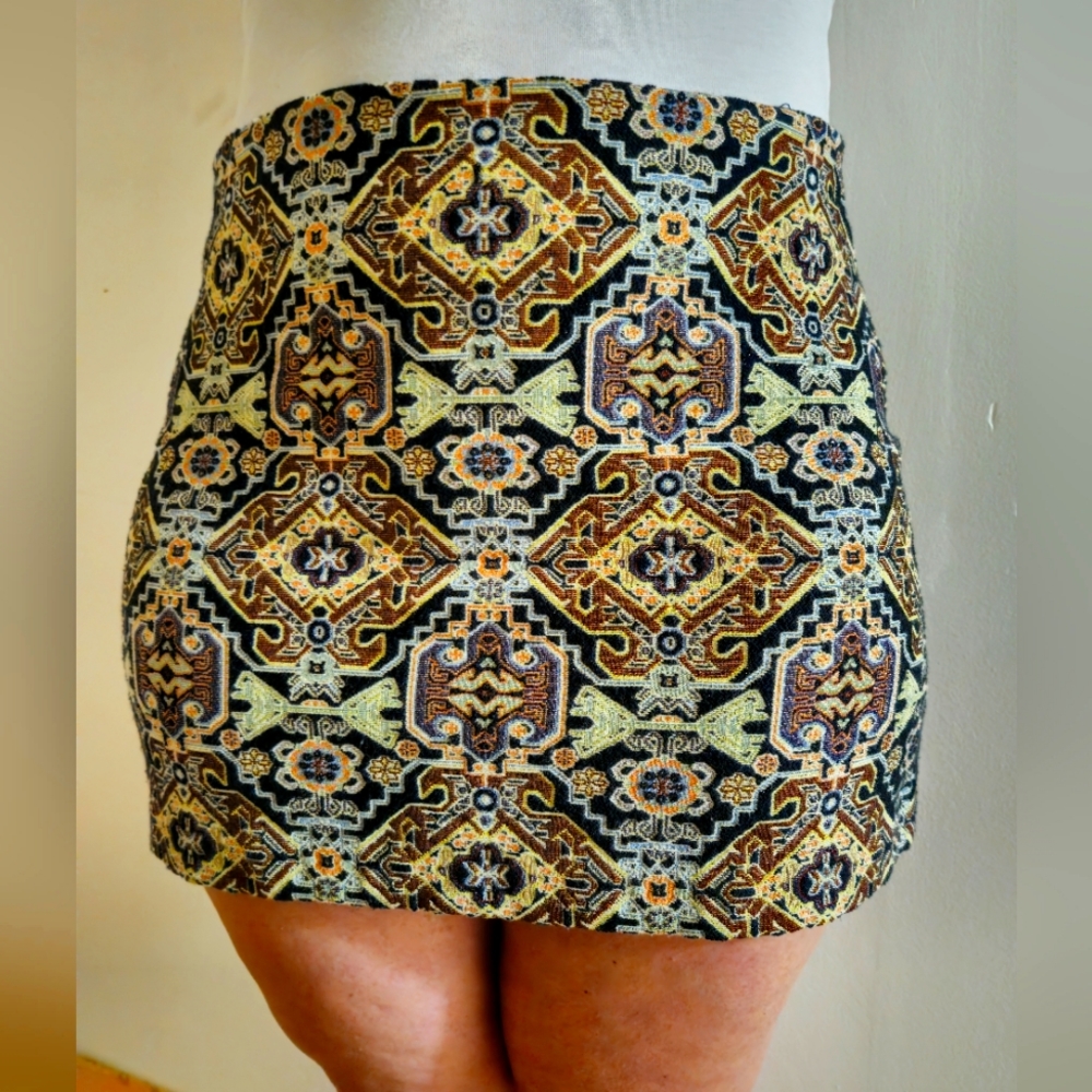 Zara Black Mini Skirt with Gold and Cream Geometric Embroidery